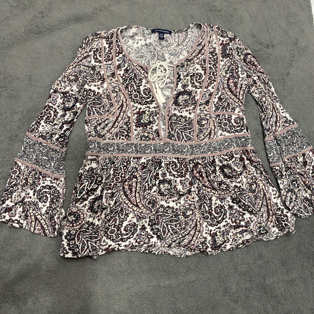 American Eagle Boho Tassel Peasant Paisley Keyhole Tunic Top Bell Sleeve Medium